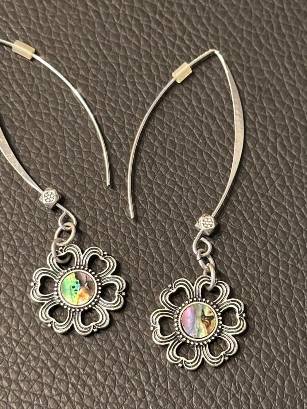 3/$30 Abalone Shell Filigree Flower Dangle Earrings Silver Tone Boho Drop V-Wire